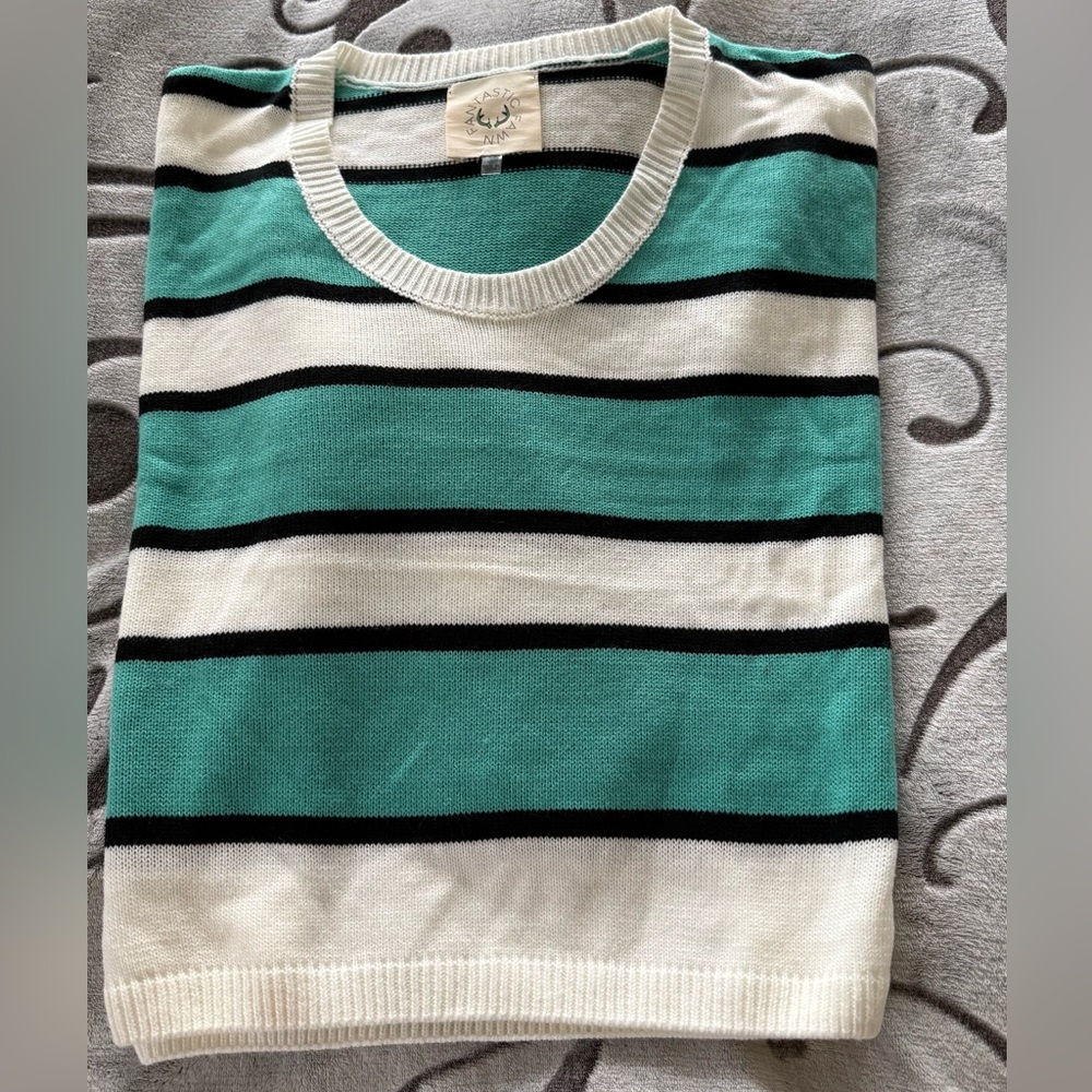 001. EUC Fantastic Fawn Mint/Teal and White Striped Sweater, Size Small